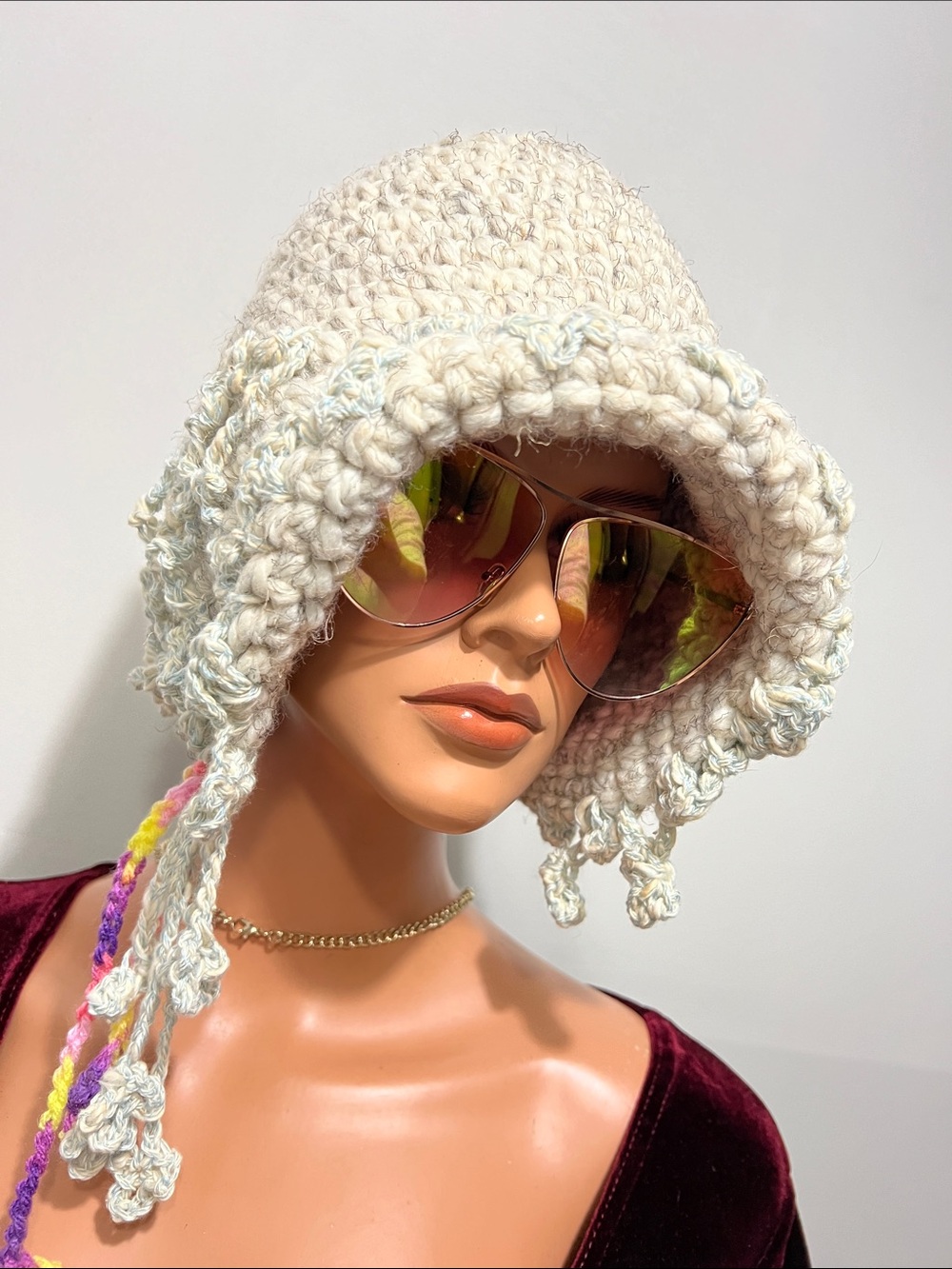 Handcrafted Cream Crochet Bucket Hat with Braided Accents